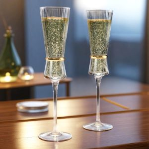 6-Pack Champagne Flutes – 6oz Real Glass, Clear Ribbed Stemware with Gold Ring Accent, Elegant Toasting Glasses for Weddings, Parties & Celebrations –